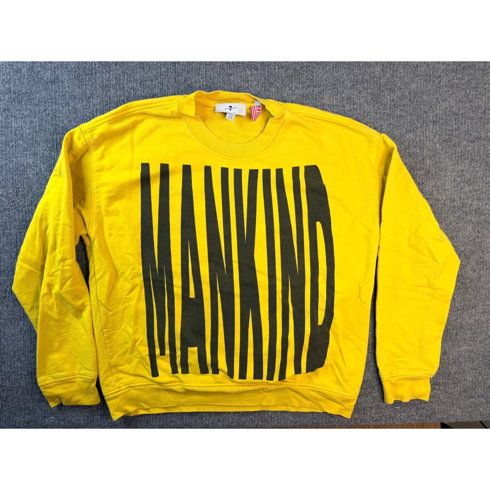 7 For All Mankind Mens Large Yellow Cotton Graphic Crewneck Sweatshirt Made Usa